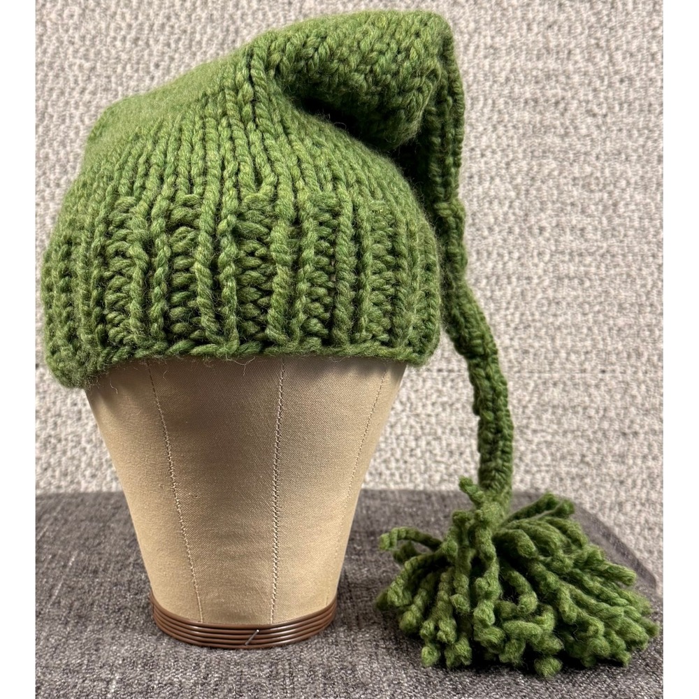 Handmade Knit Stocking Cap Hat LG XL Green Wool Blend Long Tail Tassel Beanie